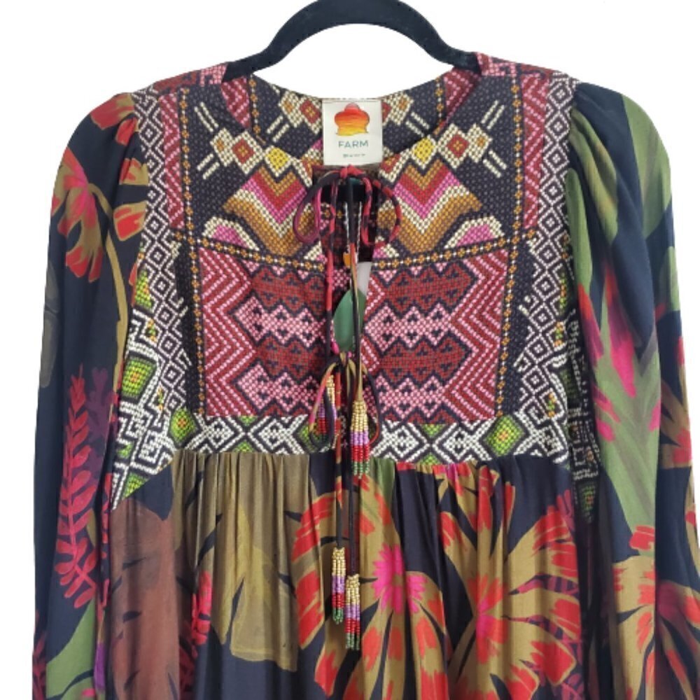 Farm Rio Tropical Forest Long Sleeve V-Neck Midi Dress - Picture 2 of 10